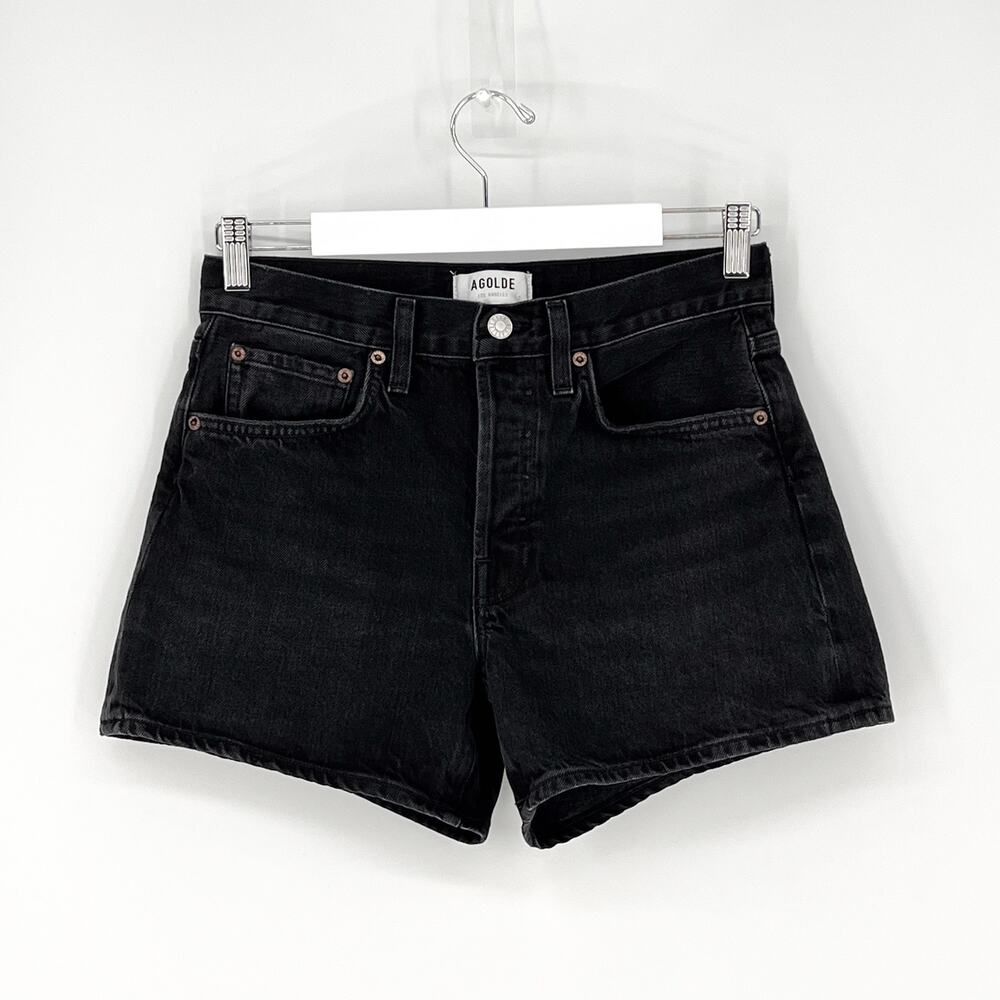 AGOLDE Parker Long Denim Shorts Cat Wash Black Organic Cotton Size 25 - Picture 2 of 5